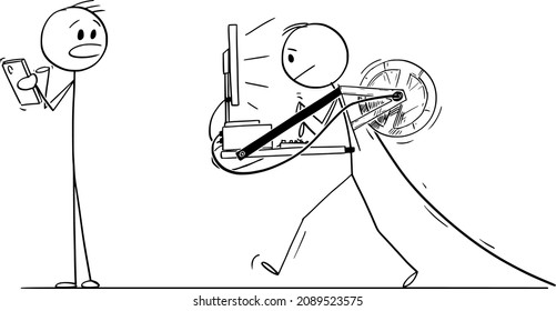 Vector cartoon stick figure drawing conceptual illustration of walking man or businessman carrying desktop computer attached to him as mobile office, pulling electric cable behind. Man with mobile phone