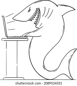 Vector Cartoon Stick Figure Drawing Conceptual Illustration Of Shark, Monster Or Internet Predator On Computer Searching For His Prey. Concept Of Cyber Crime, Deception Or Stalking.