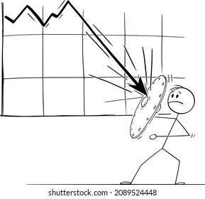 Vector cartoon stick figure drawing conceptual illustration of man or businessman using shield to resist the declining economic or financial graph. Concept of recession or crisis.