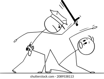 Vector cartoon stick figure drawing conceptual illustration of police officer or policeman beating protester, citizen or criminal. Concept of police brutality or law enforcement.