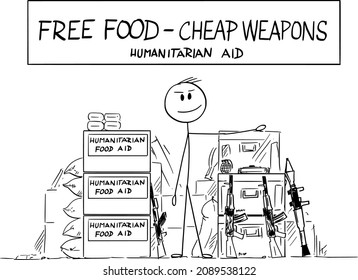 Dibujo gráfico de vectores ilustrando la ilustración conceptual de granjeros locales vendiendo alimentos de ayuda humanitaria y armas en el mercado local de países en desarrollo en África o Asia.