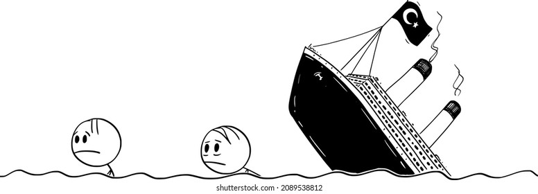 Vector cartoon stick figure drawing conceptual illustration of two men or survivors swimming in water, sea or ocean from wrecked Republic of Turkey economy ship or shipwreck.You can add your text.