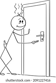 Vector cartoon stick figure drawing conceptual illustration of drunk man returning home. Concept of alcoholism.