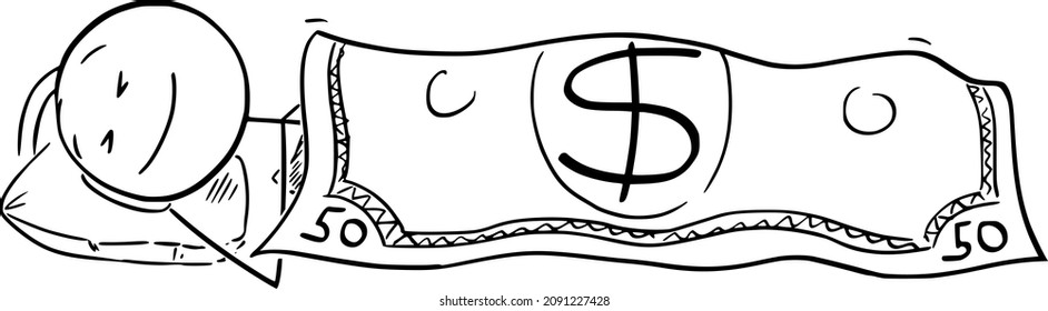 Vector cartoon stick figure drawing conceptual illustration of happy man or businessman sleeping under US dollar currency banknote or bill as blanket.