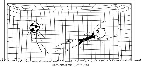 Vector cartoon stick figure drawing conceptual illustration of unsuccessful football or soccer goalkeeper or goalie jumping on wrong side to catch a ball or penalty.Concept of failure and mistake.