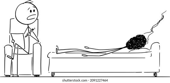 Vector cartoon stick figure drawing conceptual illustration of burnout, tired and stressed man or businessman represented as burnt-out match, talking as patient with psychiatrist.