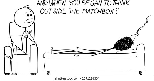 Vector cartoon stick figure drawing conceptual illustration of burnout man or businessman represented as burnt-out match, talking with psychiatrist. Thinking outside the box or matchbox.