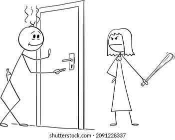 Vector cartoon stick figure drawing conceptual illustration of drunk man returning home. Angry wife is waiting for him. Concept of alcoholism.