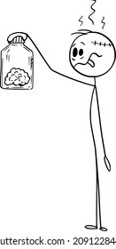 Vector Cartoon Stick Figure Drawing Conceptual Illustration Of Crazy Stupid Man Holding And Watching His Own Human Brain In Glass Jar.