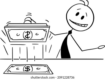 Vector Cartoon Stick Figure Drawing Conceptual Illustration Of Politician Or Banker Printing Cash Money, Concept Of Quantitative Easing Or Monetary Politics.