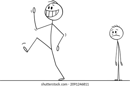 Vector cartoon stick figure drawing conceptual illustration of happy smiling man, employee, worker or customer leaving sad depressed man, employer or businessman in background.