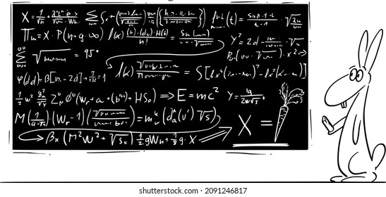 Vector cartoon stick figure drawing conceptual illustration of rabbit, jackrabbit or hare solving complex mathematical equations on black board with carrot as result. Concept of education and science.