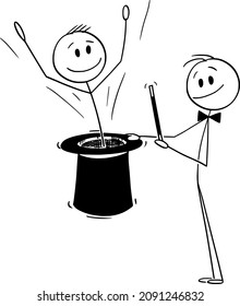 Vector cartoon stick figure drawing conceptual illustration of businessman,human resource manager or magician with black top hat doing magic with perfect candidate coming from the hat.