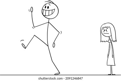 Vector cartoon stick figure drawing conceptual illustration of happy smiling man leaving sad depressed woman in background. Breaking up relationship.