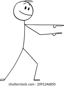 Vector cartoon stick figure drawing conceptual illustration of enthusiastic man or businessman presenting, showing or pointing both hands at something.