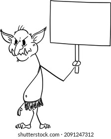 Vector cartoon stick figure drawing conceptual illustration of virtual Internet troll assaulting another online users in flame wars holding empty sign.
