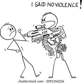 Dibujo gráfico de vectores dibujando ilustración conceptual de un hombre fuertemente armado con arma futurista genérica amenazando a un hombre desarmado y diciendo que no dije violencia.