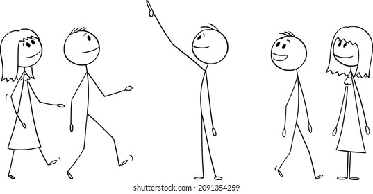 Vector cartoon stick figure drawing conceptual illustration of group or crowd of smiling people watching something good above them. They show positive emotion or facial expression.