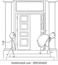 Vector cartoon stick figure drawing conceptual illustration of businessman leaving bank or government institution with small bag of money while another man carry big bag. Subsidy, grant or subvention 