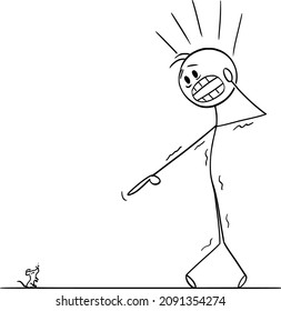 Vector cartoon stick figure drawing conceptual illustration of frightened man with musophobia watching small mouse or mice and undergoes panic attack.