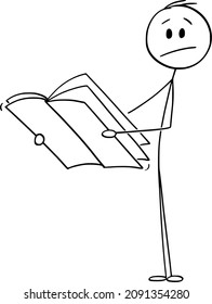 Vector Cartoon Stick Figure Drawing Conceptual Illustration Of Confused Or Shocked Man Reading Magazine,journal Or Newspapers.