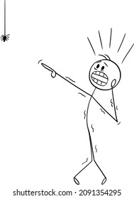 Vector cartoon stick figure drawing conceptual illustration of frightened man with arachnophobia watching small spider and undergoes panic attack.