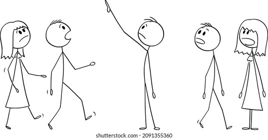 Vector cartoon stick figure drawing conceptual illustration of group or crowd of shocked people watching something above them. They show negative emotion or facial expression.