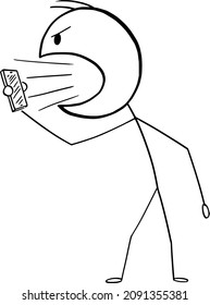 Vector cartoon stick figure drawing conceptual illustration of angry man or businessman shouting or yelling on someone in cellphone or mobile phone.