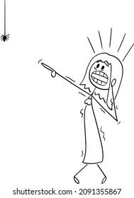 Vector cartoon stick figure drawing conceptual illustration of frightened woman or girl with arachnophobia watching small spider and undergoes panic attack.