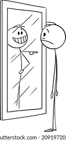 Vector Cartoon Stick Figure Drawing Conceptual Illustration Of Frustrated Man With Low Confidence Or Self Esteem Looking At Yourself In Mirror, His Reflection Or Image Is Laughing Him.