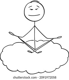 Dibujo del vector de caricatura ilustrando la ilustración conceptual de un hombre pacífico meditando sobre la nube en el cielo. Relajación y concepto de estilo de vida.