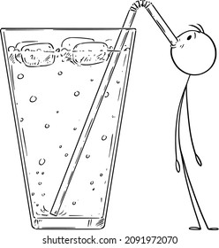 Vector cartoon stick figure drawing conceptual illustration of small man drinking cold lemonade, cocktail or drink with straw.