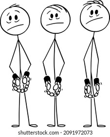 Vector cartoon stick figure drawing conceptual illustration of frustrated arrested men, gang or criminals, slaves or prisoners in chains or handcuffs or with shackles on hands.