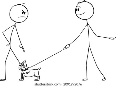 Vector cartoon stick figure drawing conceptual illustration of angry man with small aggressive dog or chihuahua on the leash or lead bite to his leg. Owner is smiling.