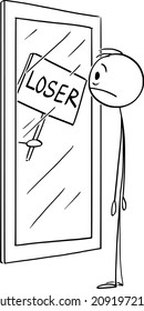 Vector Cartoon Stick Figure Drawing Conceptual Illustration Of Frustrated Man With Low Confidence Or Self Esteem Looking At Yourself In Mirror With Loser Sign.