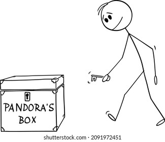 Vector cartoon stick figure drawing conceptual illustration of man or businessman walking with key to open Pandora's box.