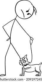 Vector cartoon stick figure drawing conceptual illustration of angry man, with his own small aggressive dog or chihuahua on the leash or lead bite to his leg.