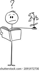 Vector cartoon stick figure drawing conceptual illustration of man or scientist trying to find and identify unknown plant in book or herbarium.