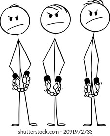 Vector cartoon stick figure drawing conceptual illustration of angry rough arrested men, gang or criminals or prisoners in chains or handcuffs or with shackles on hands.