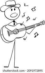 Vector cartoon stick figure drawing conceptual illustration of musician or singer in cowboy hat, playing blues or country music on a acoustic guitar and singing a song.