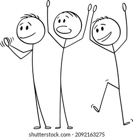Vector Cartoon Stick Figure Drawing Conceptual Illustration Of Group Of Three Happy Men Or Businessmen Celebrating Success, Applauding And Clapping.