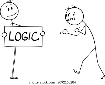 Vector Cartoon Stick Figure Drawing Conceptual Illustration Of Confident Person Facing Aggressive Angry Violent Man With Logic Sign In Hands.