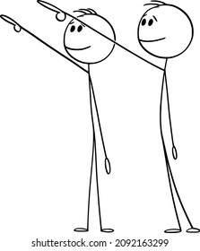 Vector cartoon stick figure drawing conceptual illustration of two men or businessmen showing, pointing or presenting something far, tall or high above them.