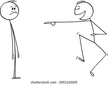 Vector cartoon stick figure drawing conceptual illustration of frustrated man or businessman and another man laughing him. Concept or mockery or ridicule on workplace.