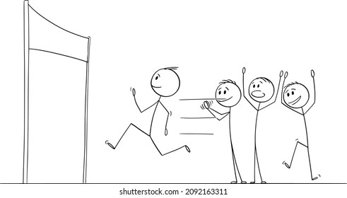 Vector cartoon stick figure drawing conceptual illustration of man or businessman running to finish the race for success, victory on finish line, challenge concept. Crowd of coworkers is applauding,