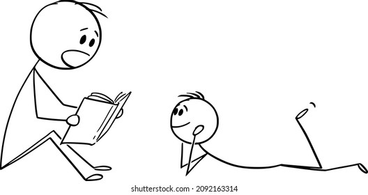 Vector cartoon stick figure drawing conceptual illustration of father or parent reading book to his son or child.