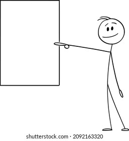 Vector cartoon stick figure drawing conceptual illustration of smiling positive man or businessman pointing at or showing empty or blank vertical sign.