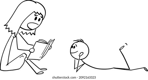 Vector cartoon stick figure drawing conceptual illustration of mother or parent reading book to his son or child.