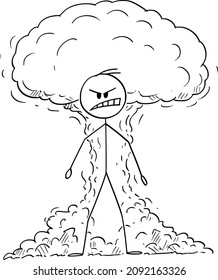 Vector cartoon stick figure drawing conceptual illustration of furious, angry raging man expressing his emotion with atomic or nuclear explosion on background.