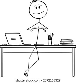 Vector cartoon stick figure drawing conceptual illustration of successful, happy and confident man, entrepreneur or businessman leaning towards office desk with arms crossed.